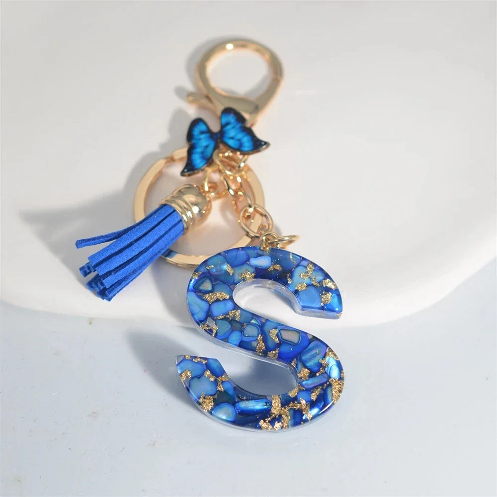 Blue Glazed A-Z Initial Keychain with Butterfly Tassel Pendant – Fashion Gift - Image 4