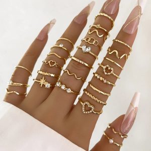 Fashion Simple Wave Joint Rings Set – Crystal Heart Gold & Silver Rings