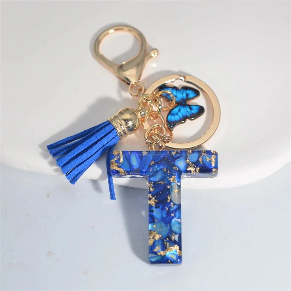 Blue Glazed A-Z Initial Keychain with Butterfly Tassel Pendant – Fashion Gift - Image 19