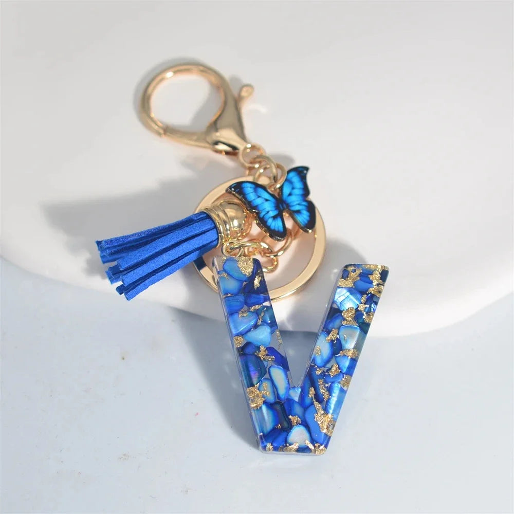 Blue Glazed A-Z Initial Keychain with Butterfly Tassel Pendant – Fashion Gift - Image 2